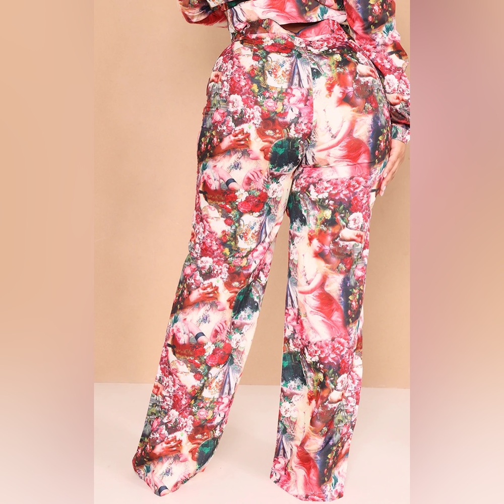 PrettyLittleThing Rose Femme Renaissance Print Wide Leg Pants